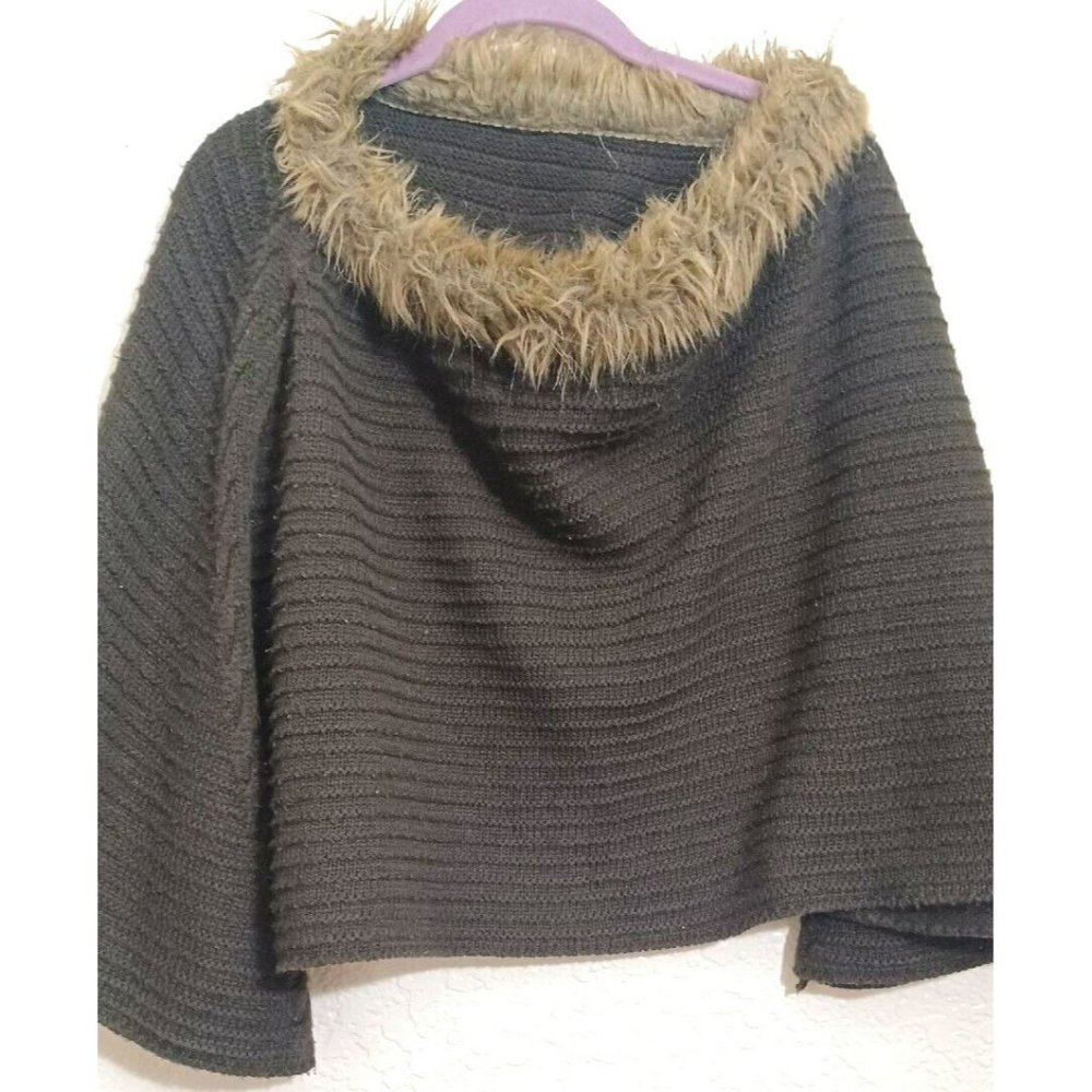Chico's Knit Linda Poncho Faux Fur Neckline Cape Brown One Size Plus